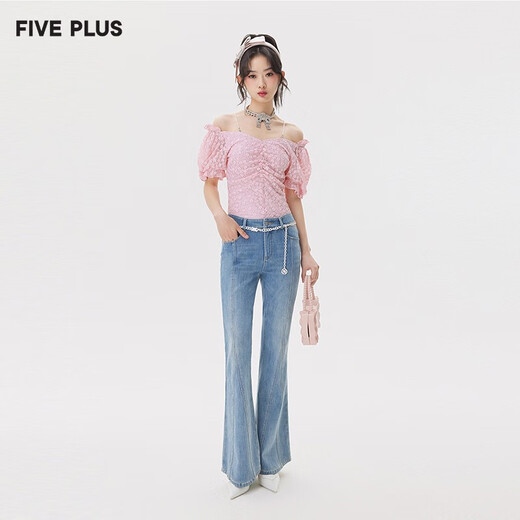FIVE PLUS牛仔喇叭裤夏季新款女装四面弹高腰洗水提臀S裤修身商城同款 浅蓝色690 M