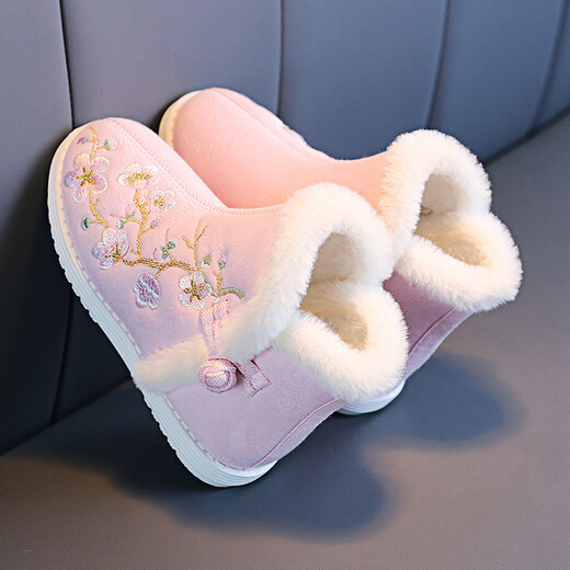 Children's shoes, old Beijing cloth shoes, girls' embroidered shoes, ethnic style children's antique cotton shoes, baby winter velvet costume Hanfu shoes, A5145 pink, size 30/inner length 18.3cm
