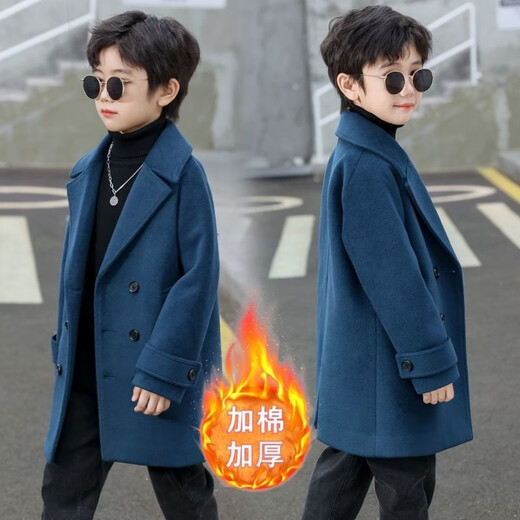 Disney (Disney) Boys Korean Version Thick Woolen Coat Children's Autumn and Winter New Double-breasted Medium-Length Woolen Windbreaker Coat Lake Green Cotton and Thickened Winter Style L-140 Recommended Height 130cm