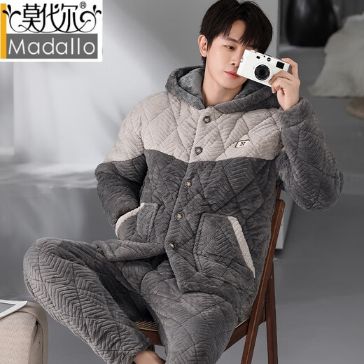 MODAL CORAL VELVET PYJAMAS FÜR MÄNGER DER DREIDE DIREKTIERTE COTWONTE PLUS Samt Flanellflanell warmer Kapuzenbekleidungsanzug Männer 831 Grau [Knopf] L empfohlen 100-125 Jin [Jin entspricht 0,5 kg]