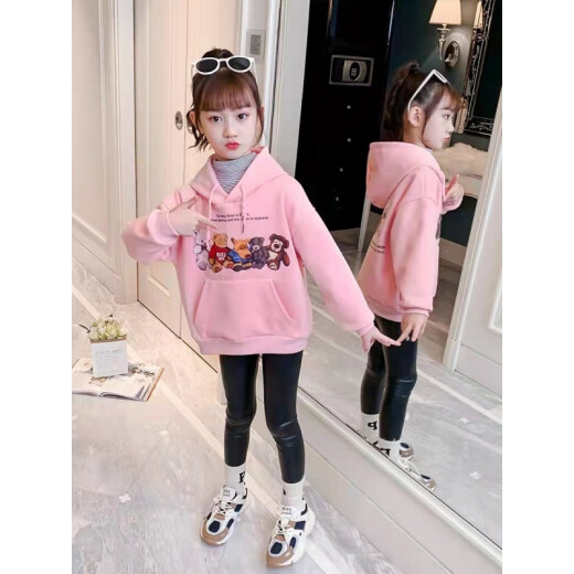 Haolia children's clothing girls' sweatshirt children's velvet thickened 2021 new autumn and winter outer wear long-sleeved medium and large children's girl pullover 2122 cartoon sweatshirt pink velvet 150 suitable for height 138-148 cm