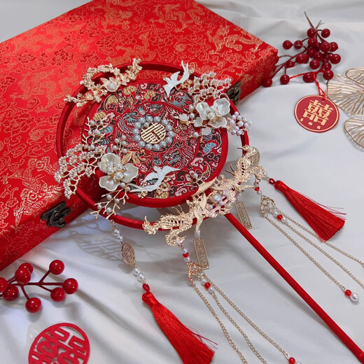 瑜品佳 新娘团扇结婚秀禾新娘结婚成品diy重手工团扇新婚礼物送闺蜜新娘 DIY手工款+礼盒(送塑料扇架)