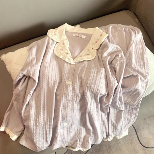 清中乔带棉垫睡衣女款春秋冬季纯棉长袖长裤少女甜美花朵夏天家居服套装 带棉垫#.9926米白套装 -面料 XL 建议120-140斤