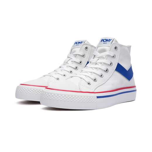 Pony Frühlings- und Sommer-Leinwandschuhe für Männer und Frauen Paare hohe obere kontrastierende Farbe Canvas-Schuhe tragen resistente bequeme, lässige und vielseitige, atmungsaktive vulkanisierte Schuhe weiß/blau 242U1SH04BL 42