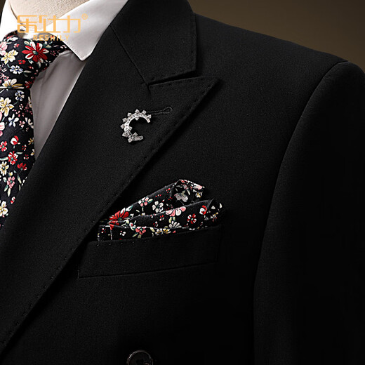 Leshili high-end handsome suit suit male groom wedding dress slim stretch black business casual suit suit arch line double button black 2-piece set (jacket + pants) 180/52/XL default size 33 pants