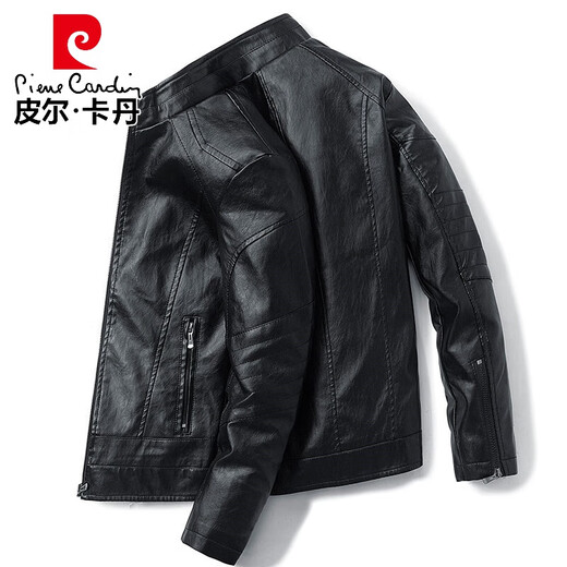 Pierre cardin high-end leather jacket men's autumn and winter trendy brand plus velvet motorcycle leather jacket clothes spring and autumn handsome men's clothing 9923JR# black plus velvet M 95-110Jin [Jin equals 0.5 kg]