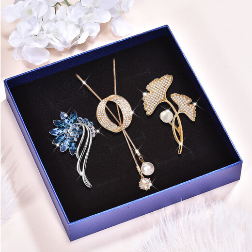 Gu Nai Brooch Women's High-end Sweater Chain Women's Long Pearl Necklace Women's Light Luxury Niche Pendant Birthday Gift for Women Practical T101 Selected Brooch Sweater Chain 3-piece Set