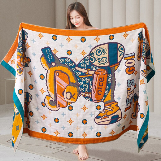 Gauze bath towel, cotton, absorbent and lint-free, Category A children's bath wrap, baby large bath towel, summer Bru Bear large bath towel, four layers 0g 80*160cm