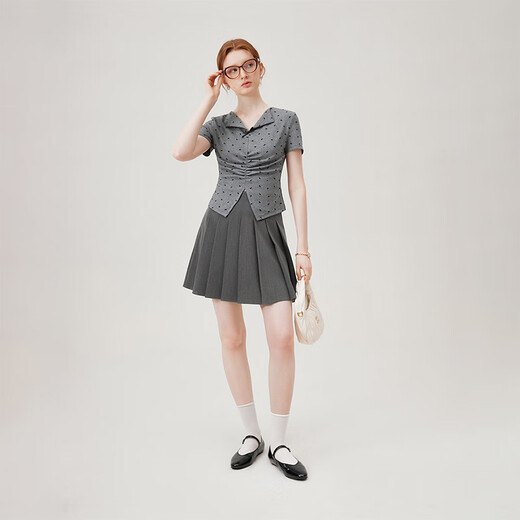 Fan Silann Sweet Hot Girls Flocking Bow Knitted T-shirt 2024 Summer New Lapel Slim 12529 Gray XL