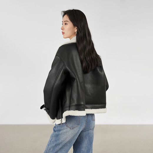 Weißes Fell integrierter Motorradanzug Maillard Mantel für Frauen 2024 Winter neuer Nachahmung Lammfell kurzer Lederjacke Ruhig Schwarz S