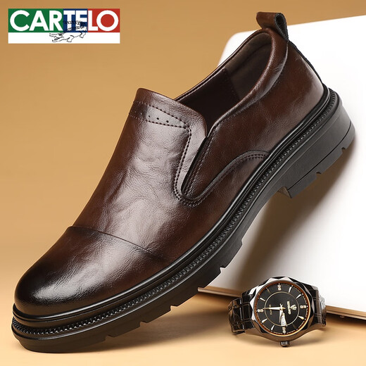 卡帝乐鳄鱼（CARTELO）皮鞋男款2025新款商务正装休闲鞋真皮软底一脚蹬透气中年爸爸鞋子 3527黑色 39