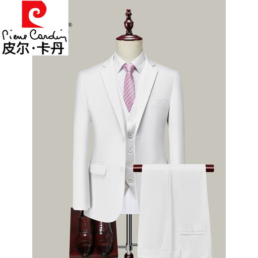 皮尔卡丹高档西服套装男士纯白色伴郎新郎结婚礼服韩版修身三件套小西装 两粒扣白色西服+西裤+衬衫+马甲+ 170/M 体重115-125斤