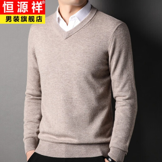 Hengyuanxiang 100% wool sweater men's V-neck thickened sweetheart neck sweater autumn and winter new middle-aged pure wool warm sweater dark red 2XL 180/115