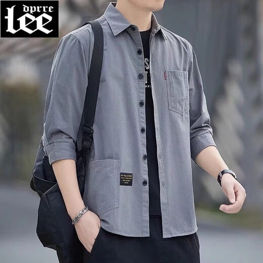 Lee DPRRE Pure Cotton 7-Viertel-Ärmel-Hemd Herren Arbeit Jacke Koreaner Stil Trendy Lose Casual Shirt Herren lässig Hong Kong Style 723 Blau (7-Quartal) Lee01 XL