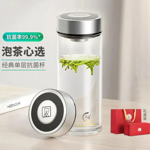 HEENOOR Einschicht Antibakterielles Glasbecher mit Filterbärtbecher mit einer großen Kapazität mit Abdeckung XN9905 500 ml [Silber-Ion-Antibakterien-Leder-Hülle Cup-Pinsel]