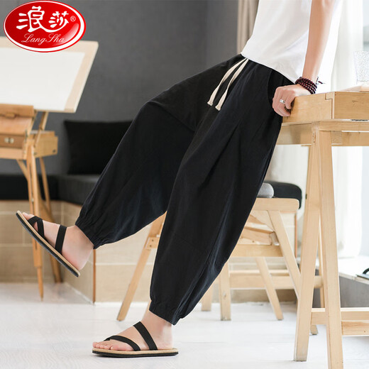 Langsha pure cotton pants men's summer thin loose large-size wide-leg casual pants Harun cotton linen nine-point tie-fitting bloomers men gray L 100-120Jin [Jin equals 0.5 kg]