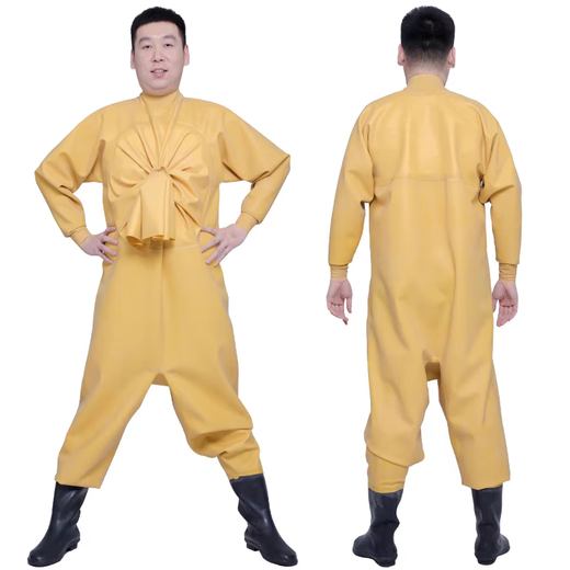 HHONGSHIYU full-body thickened rubber waders for catching fish, fully enclosed leather forks for digging lotus roots, wading waterproof suits, jumpsuits and shoes, yellow pure rubber full-body cuffs 150 silk, shoe size 41