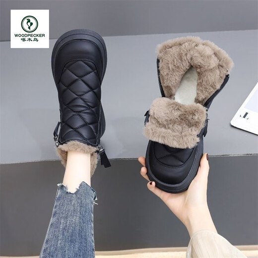 Woodpecker women's shoes women's genuine leather snow boots women's 2025 new autumn and winter plus velvet warm mother cotton shoes short boots women's black 37