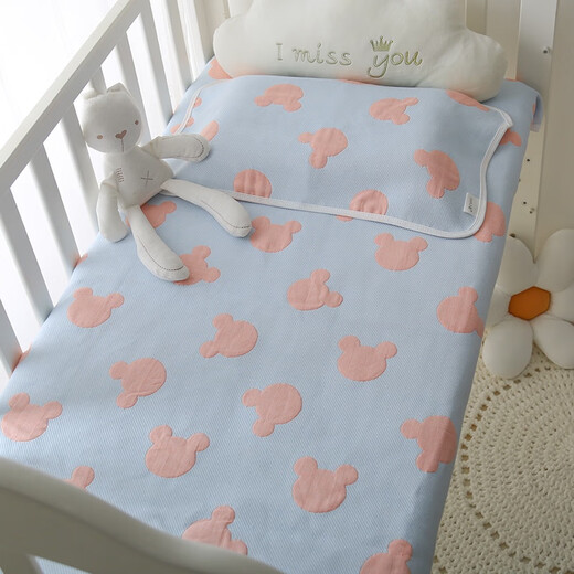 Baby mattress mattress baby pure cotton six-layer gauze sheet spring, summer, autumn and winter breathable machine washable kindergarten four seasons six-layer gauze Mickey blue 80*130cm-free pillow cover