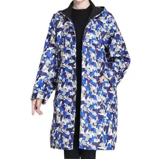 Guiren Xiong velvet thickened smock, warm coat, men's and women's work clothes, waterproof and oil-proof camouflage long coat, kitchen long-sleeved labor insurance suit, blue floral (with hood), medium size (120-170)