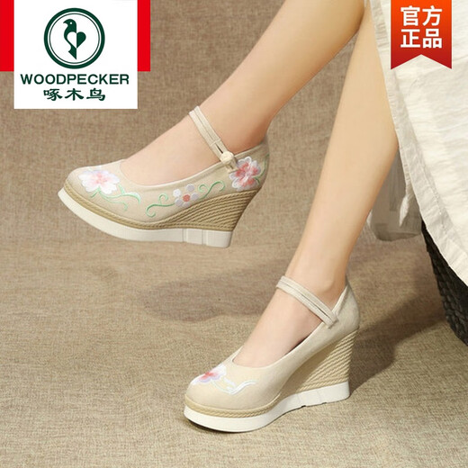 Woodpecker spring and summer ancient style shoes for women height-enhancing Hanfu shoes super high heel retro costume embroidered shoes wedge Chinese national style cloth shoes beige 19-12 height 7cm positive size 36