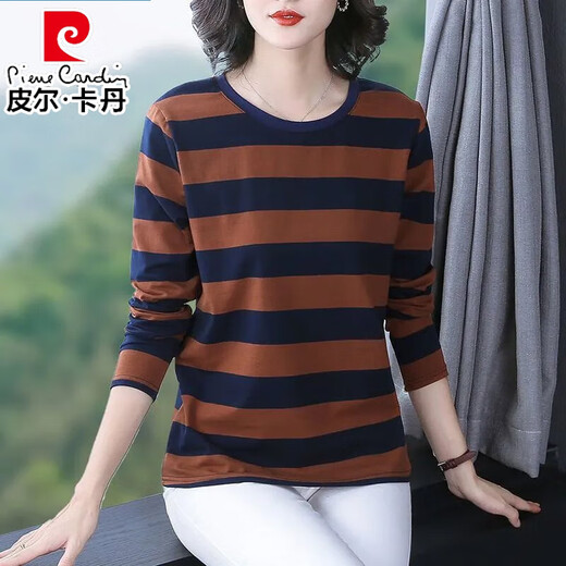 Pierre Cardin Loose Lose Long Ärmel-T-Shirt für Frauen 2025 Frühling und Herbst Neues modisches inneres Basishemd sowie vielseitiges Frühspring-T-Shirt Top für Frauen 6623 Gelb [Big Stripes l Vorschlag [105-120jin [Jin gleich 0,5 kg]