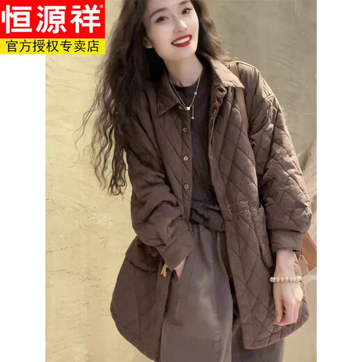 恒源祥棉服女复古纯色减龄菱格夹棉服外套女秋冬装通勒百搭休闲外套女 咖色(薄棉) 902 L(115-125斤) 902