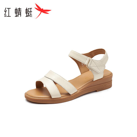 红蜻蜓真皮妈妈凉鞋夏天不累脚中老年软底舒适老人鞋WTK23336 米白色 38