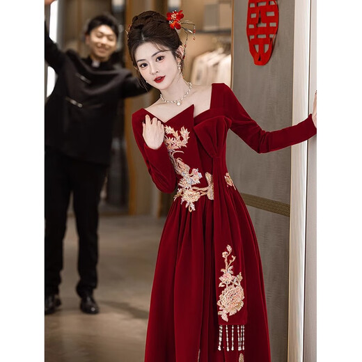 Paviso Toast Wear Bridal Autumn and Winter Red Wedding Casual Return Engagement Dress New Chinese Style Long Sleeve Temperament TX2442 Burgundy Velvet Style Pierre Cardin L (170)