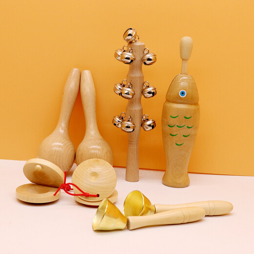 Xingbeixiang Kindergarten Orff Percusión Instrumento Libro de texto Conjunto de registros de enseñanza Ayudas Patriz de altavoces Hammer Tambourine Triángulo Doble Tamburina de hierro Log de madera Color de madera 6 pulgadas/diámetro 15 cm