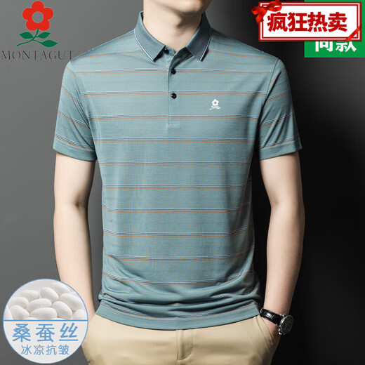 梦特娇短袖t恤男桑蚕丝夏中年商务休闲感真丝条纹翻领polo A829-红色 165/M适合100-115斤