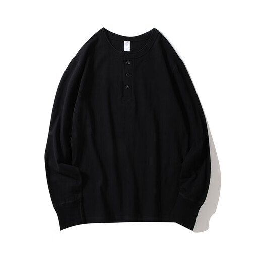 QiaoBanna single wear bottoming two-pin white cotton Henry collar long-sleeved T-shirt for men and women, comfortable and versatile bottoming shirt, black 2XL