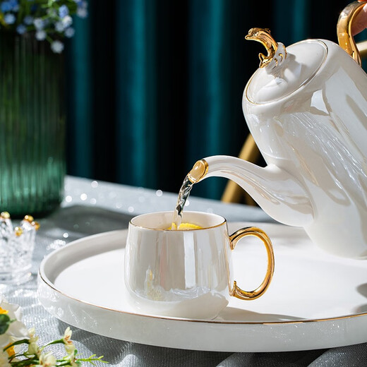 Huangtong Jingdezhen High Temperature Resistant Ceramic Water Set Luxury Phnom Penh Nordic Style Living Room Teapot Teacup Gift Afternoon Tea Aegean Sea Pearl White High-end Water Set