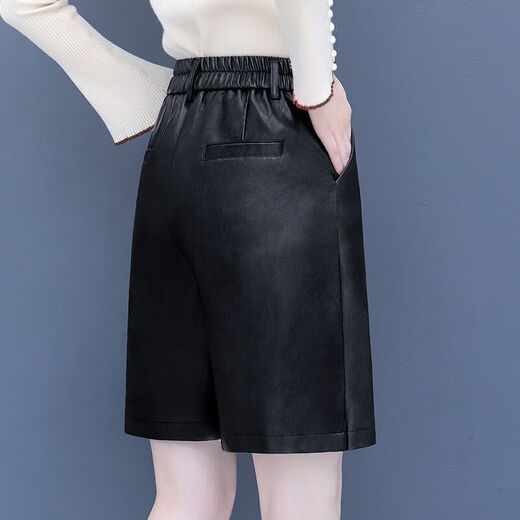 Bao Qiaoxu Pu leather shorts for women in autumn and winter trousers 2024 high waist wear wide-leg five-minute skirt pants fake two-piece boot leather pants 9920 regular style L suggests 110120Jin[Jin equals 0.5 kg] Jin[Jin equals 0.5 kg]