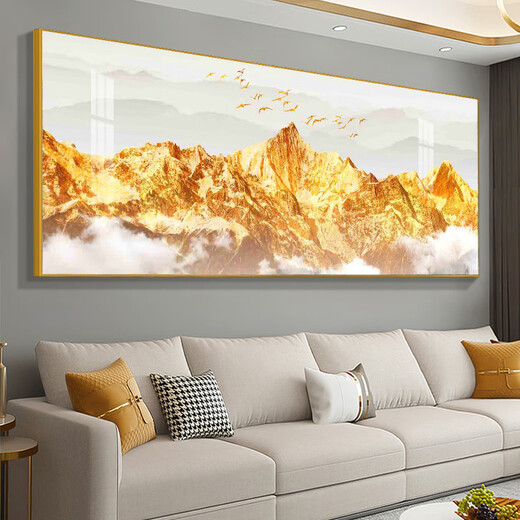 皖西秘境山水风景靠山挂画大气办公室壁画日照金山油画客厅沙发背景墙装饰 CT-3524-背靠金山 宽280cm高110cm(3.5米沙发) 【油画布】+黑铝框（5%客户选）