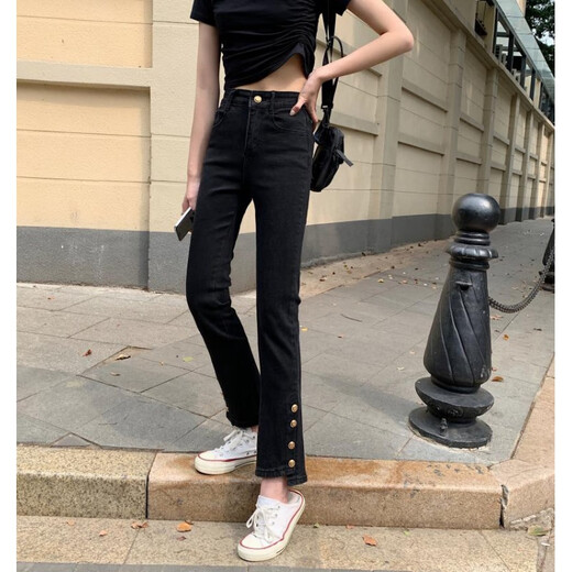 ZHIDOUDOU春秋季设计感小众高腰弹力直筒牛仔裤女微喇叭九分阔腿裤 黑色 9913 10XL s码 90-100斤