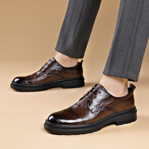 Old man's toe business leather shoes, men's big toe shoes, casual genuine leather moccasins, men's formal shoes, lace-up derby men's toe-layer cowhide shoes, dark night-black lace-up style, leather shoe size 40, please consult customer service for leather shoe size