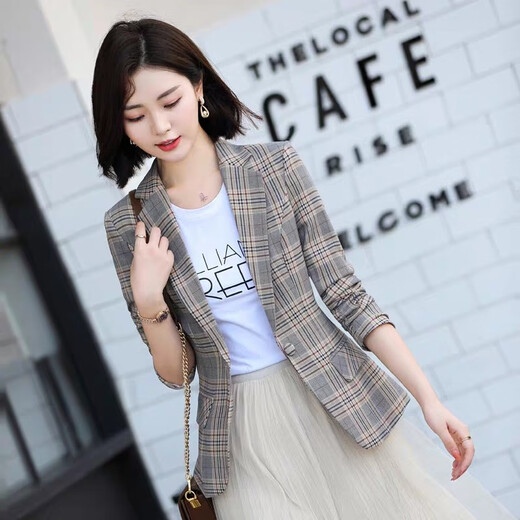 樱芭妮格子小西装外套女2025春秋新款修身显瘦小个子休闲小西服长袖上衣 8918杏格长袖 2XL （119-128斤）