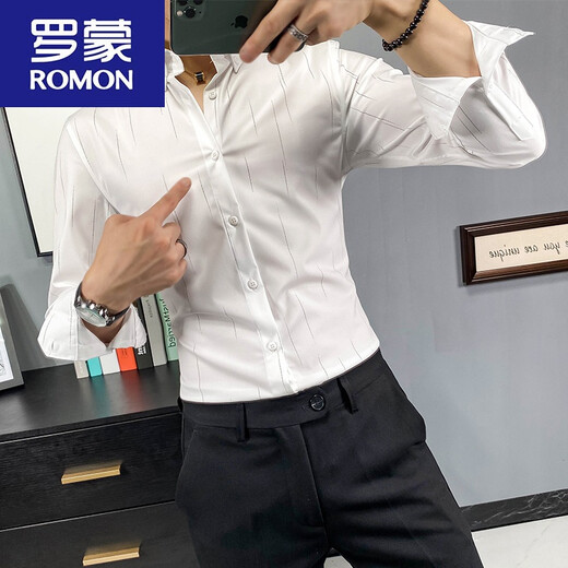 Romon Spring и летняя стройная рубашка мужская ощущение бесплатного гладкого с длинным рукавом тонкая полосатая белая рубашка дюйм повседневная C15888 Black M