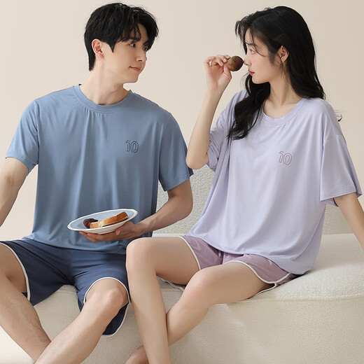 莫代尔情侣睡衣一男一女夏季冰丝短袖自带胸垫休息大码男士家居服 09M15807女09M15607男 M 女