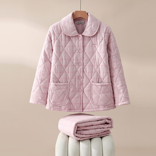 American Standard's new couple's three-layer quilted thermal pajamas for women, winter all-cotton quilted padded clothes, plaid can be worn outside, home clothes for men, Taro powder L