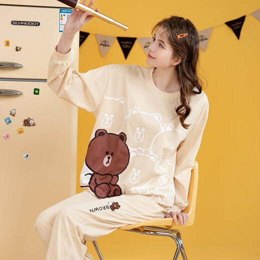 Fenton Couple Pajamas Women's Pure Cotton New IP Brown Bear Joint Fashion Round Neck Homewear Set Mi Xing (Female) 2XL