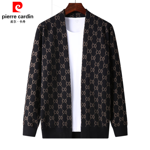 Pierre Cardin brand wool knitted cardigan men's young and middle-aged Korean style trendy fashion jacket casual handsome sweater jacket men black 2XL