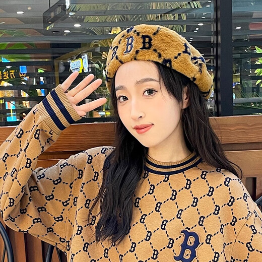 MLB official imitation lamb velvet beret for men and women, spring style presbyopic casual sports hat 3ACBMF126 Boston/Dark Beige S