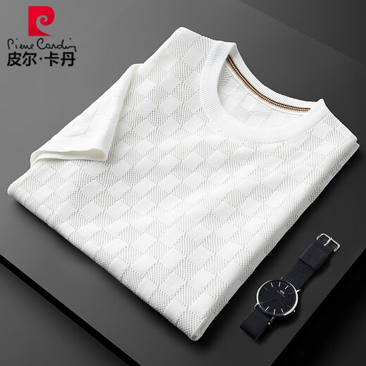 
Pier Cardin simple autumn thin warm hollow knitted fabric white T-shirt men short-sleeved slim-fit trendy round neck half-sleeved men BNS9756-white 3XL
