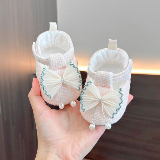 米嘟尔婴儿鞋春秋季0-1岁软底幼儿不掉鞋新生儿0-6-12月宝宝公主学步鞋 粉色（花边结-丁字软鞋） 12.5 L(内长12.5cm建议10-15月)