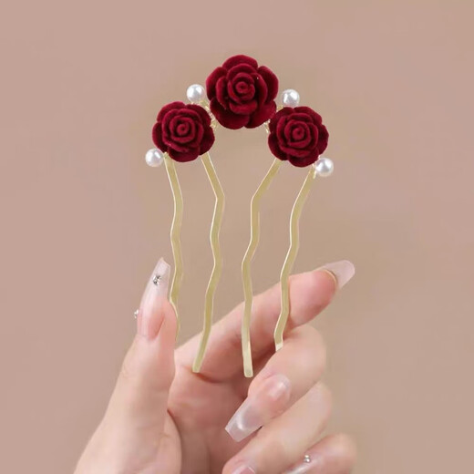 Meng Junchen's new Chinese style hairpin for women, burgundy camellia bud U-shaped hairpin, ball head hair styling accessories, new Chinese style rose hairpin
