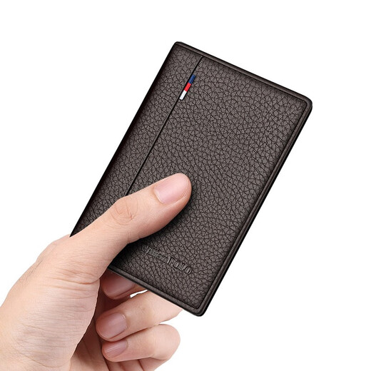 WILLIAMPOLO Gift Paul Mini Card Holder Men's Genuine Leather Ultra-Thin Compact ID Bag Driver's License Leather Case Simple Card Holder Brown Lychee Pattern