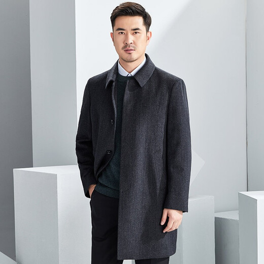 Hongdu Mantel Herrenmitte Länge Lteckschnalle Klassiker Geschäfte Casual Middle Middle and ältere Herren Wollmantel Grauer Streifen EL3003-1 M 170/88A