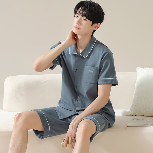 莫代尔7A抗菌男士睡衣男100%纯棉夏季短袖短裤新款青年可外穿家居服夏天 09M12801 2XL